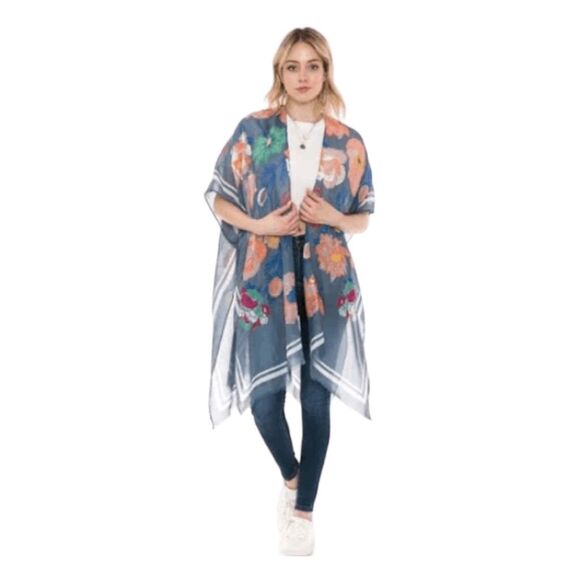Woven Heart Floral Print Kimono Wrap Cover Up Blue Gold Metallic Open Front OS - Picture 1 of 7
